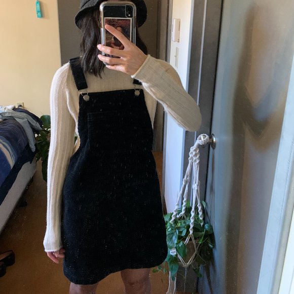 Black XS Corduroy Overall Mini Dress with Pockets - Picture 1 of 3